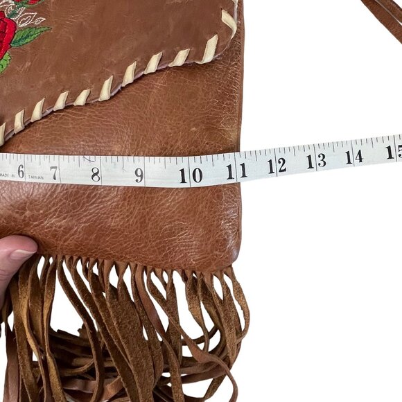 Handcrafted Brown Leather Crossbody Bag Red Rose Embroidery & Fringe Accents GUC - Picture 11 of 12
